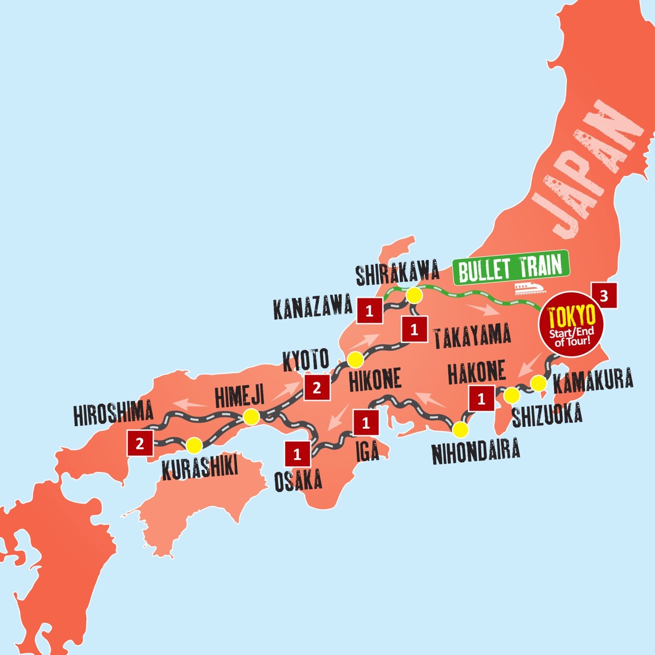 Japan 15 Day Tour with Flgihts map