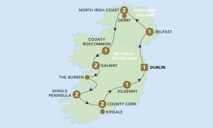 Map of Emerald Isle Back Roads Tour of Ireland