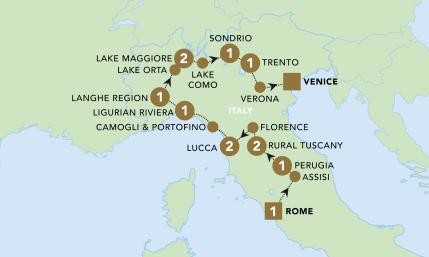 Map of Italian Indulgence tour with Back Roads Touring and Traveldream